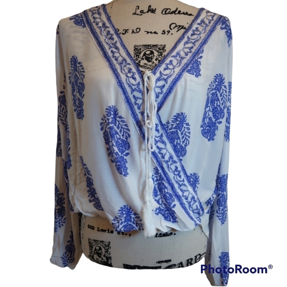 Boho Blue White Wrap Blouse Tassel Tie Peasant Top NWT S - Picture 3 of 5
